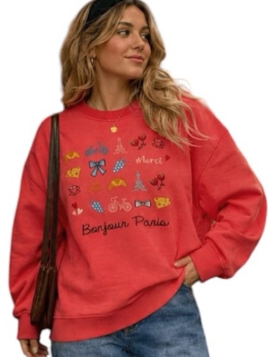 Miou Muse Tops - 865: MIOU MUSE NWT BONJOUR PARIS PULLOVER CORAL (C)